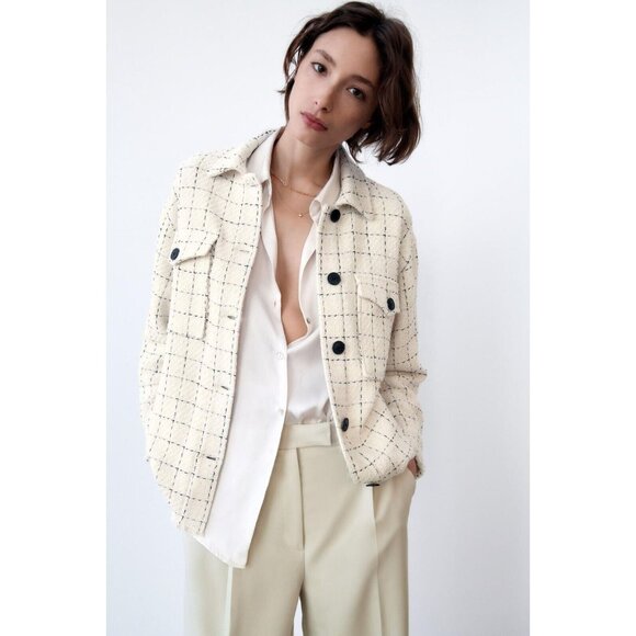 NWOT ZARA White Check Plaid Boucle Tweed Oversized Shirt Jacket Shacket, Size XS - Picture 13 of 16